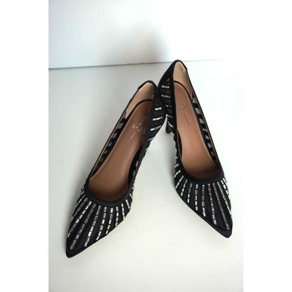Linea Paolo Paola-L Black Satin Mesh Crystal Embellished Pump Heels Size 7 M